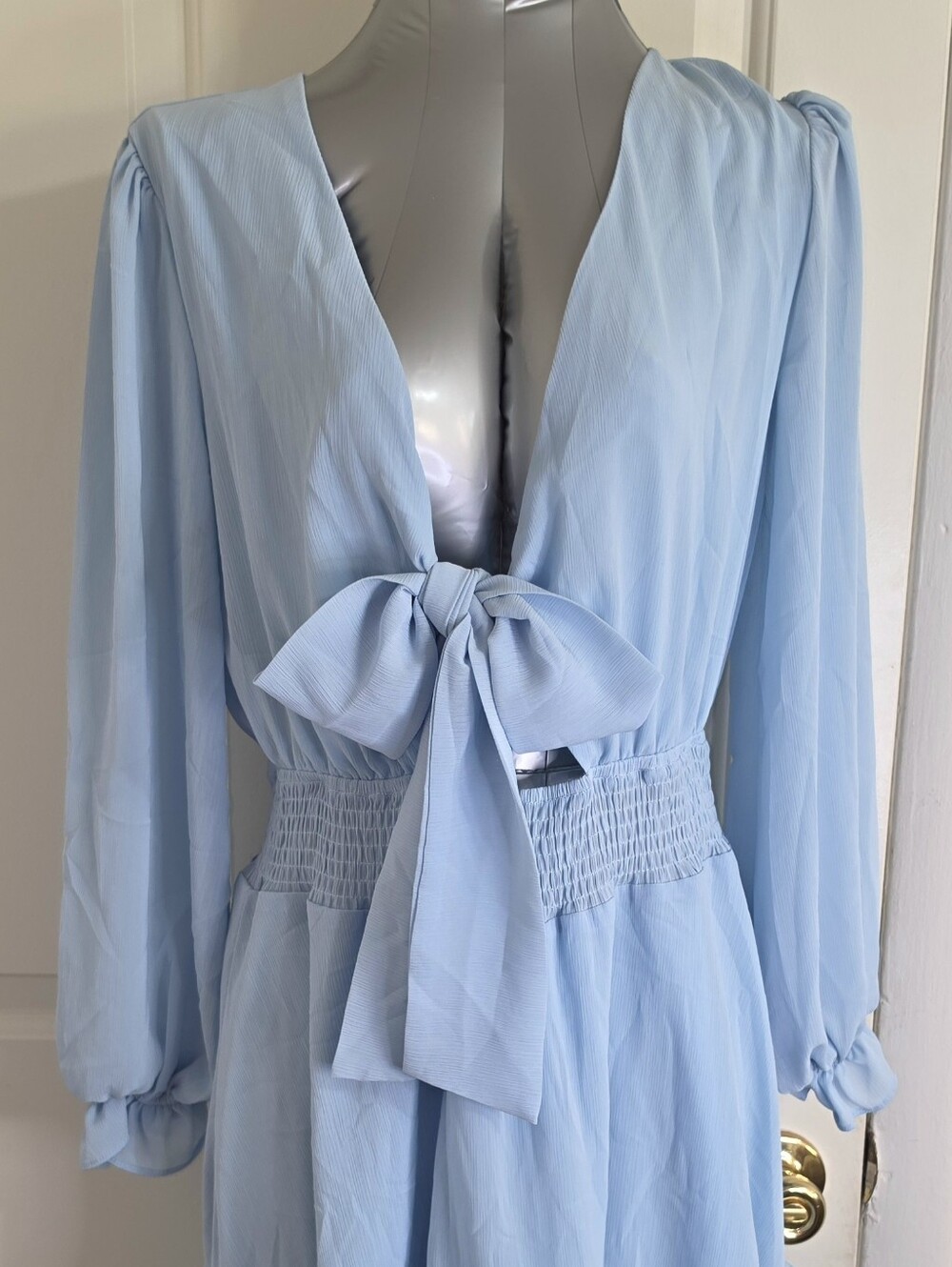 Light Blue Tie-Front Long Sleeve Women's mini dress
